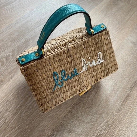 Kate Spade New York blue bird birdhouse maya wicker raffia handbag blue bird - Picture 2 of 11
